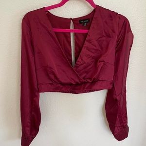 Burgundy satin long sleeve crop top with cut out sleeves